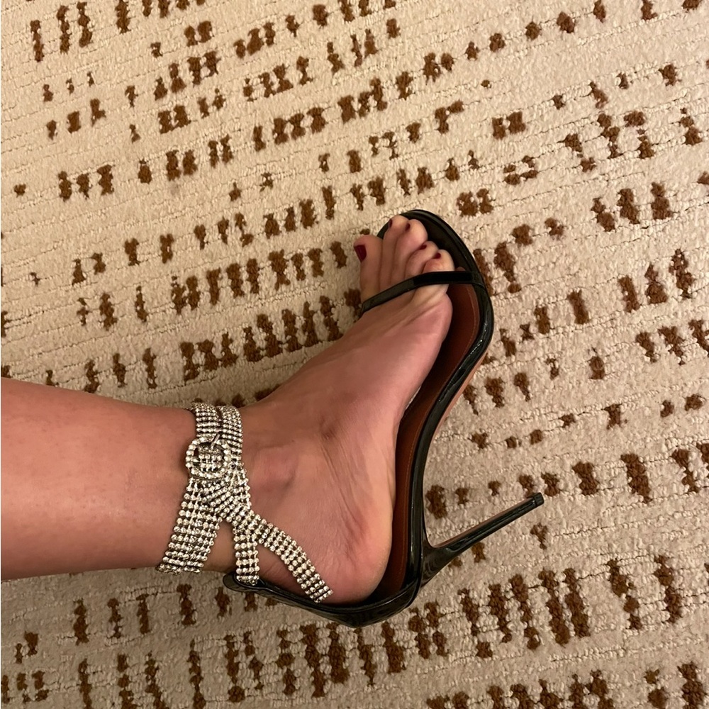 Amina Muaddi Black and Silver Crystal Embellished Heels